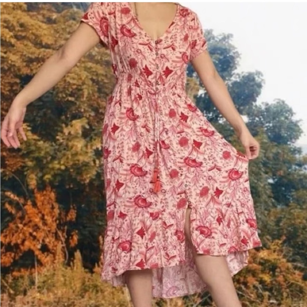 Knox Rose Flutter Sleeve Pink/Red Floral Print Button Down Dress. Size Medium